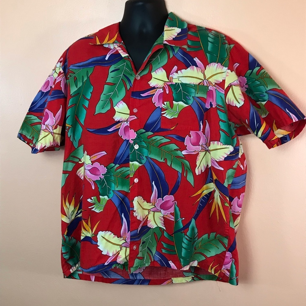 Scorpio Red Floral Hawaiian Shirt Men XXL 2XL Made USA Vintage